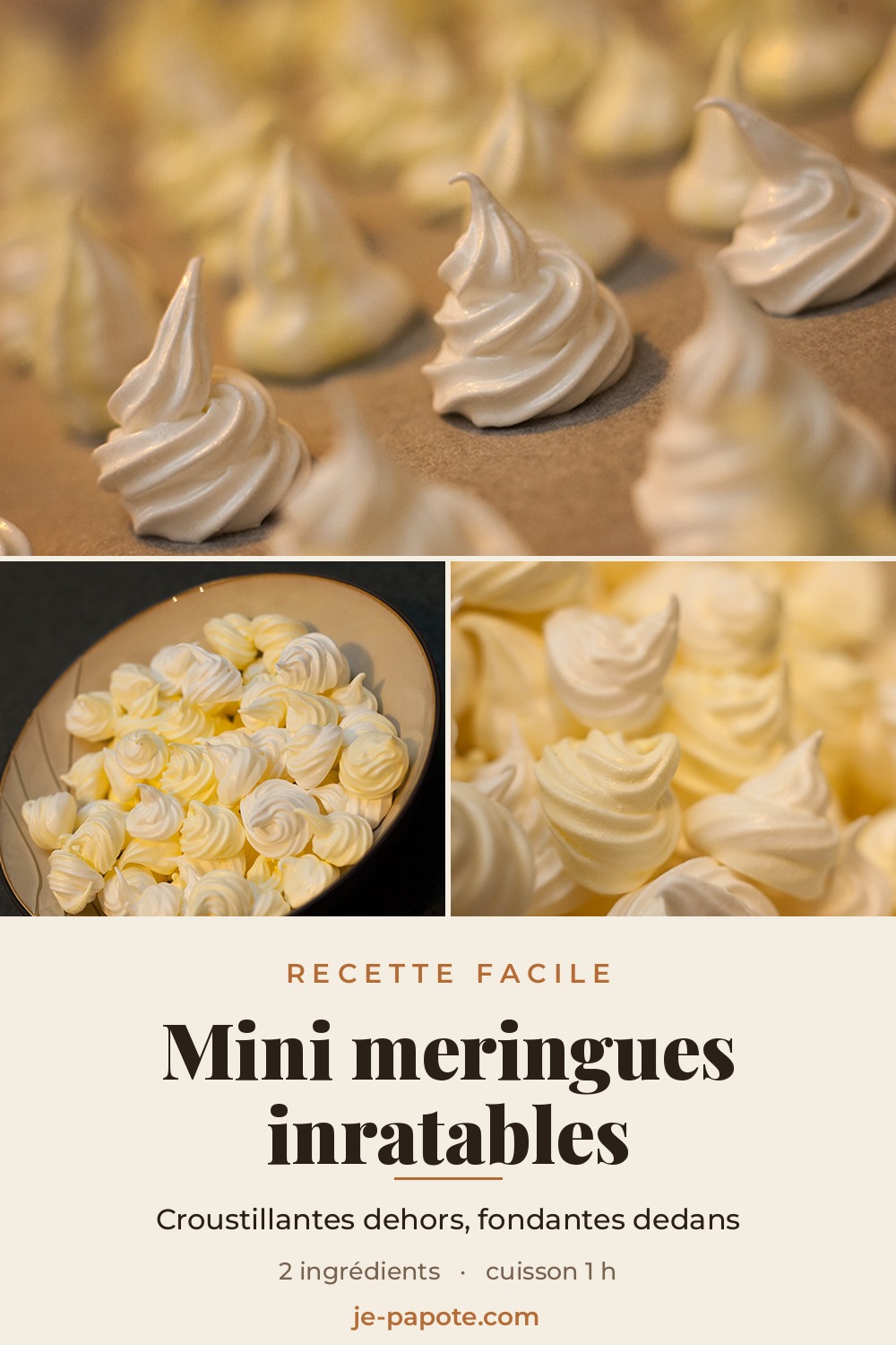 Mini meringues blanches dressées en pointe sur une plaque et présentées dans un bol